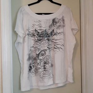 White shirt with black and grey design.